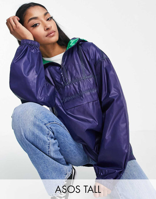 asos design tall overhead festival rain jacket in navy