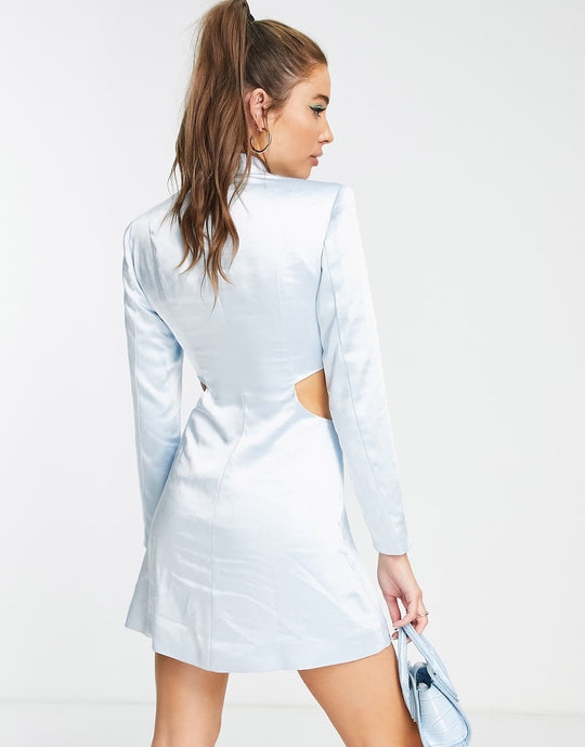 Miss Selfridge Satin Cut Out Blazer Dress in Pale Blue