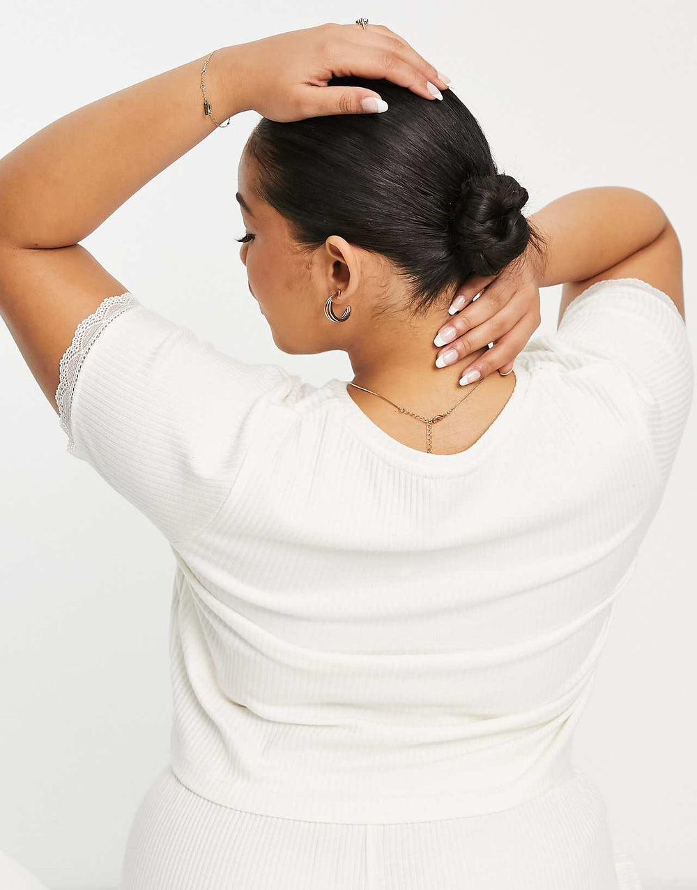 ASOS DESIGN Curve Mix Match Rib Lace Button Front Pyjama Top in Cream