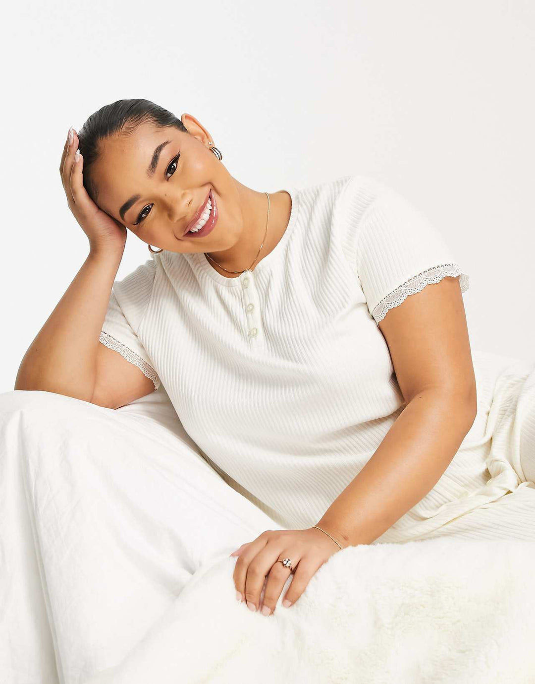 ASOS DESIGN Curve Mix Match Rib Lace Button Front Pyjama Top in Cream