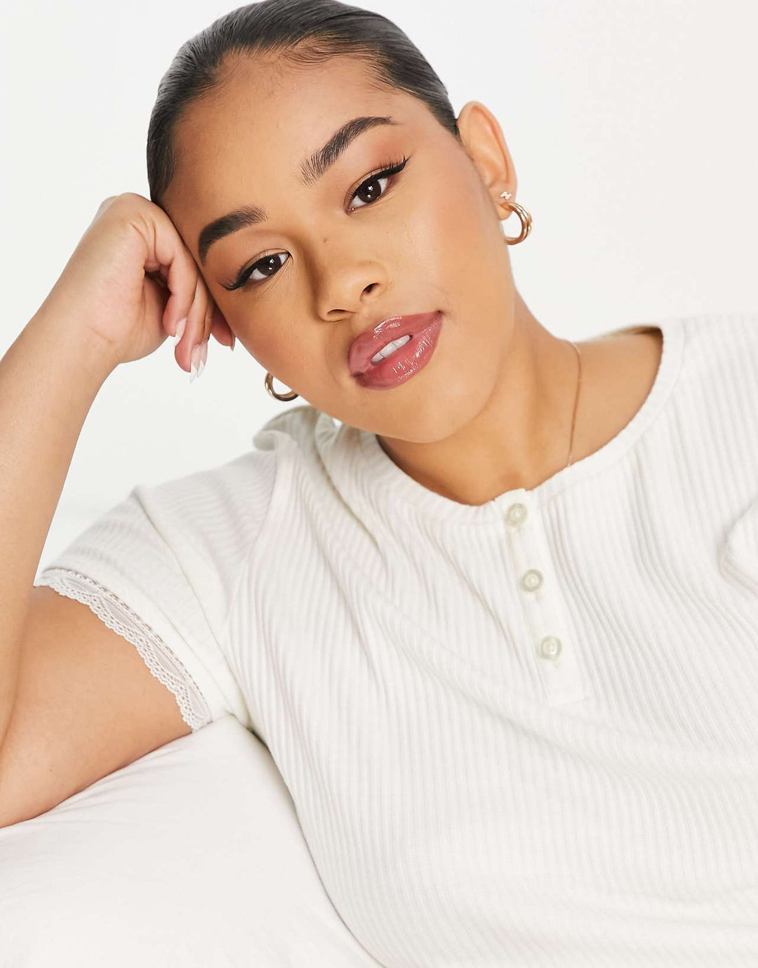 ASOS DESIGN Curve Mix Match Rib Lace Button Front Pyjama Top in Cream