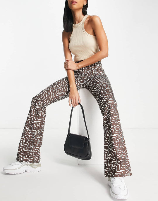 ASOS Design Puddle Flare Trouser in Chocolate Wavy Print