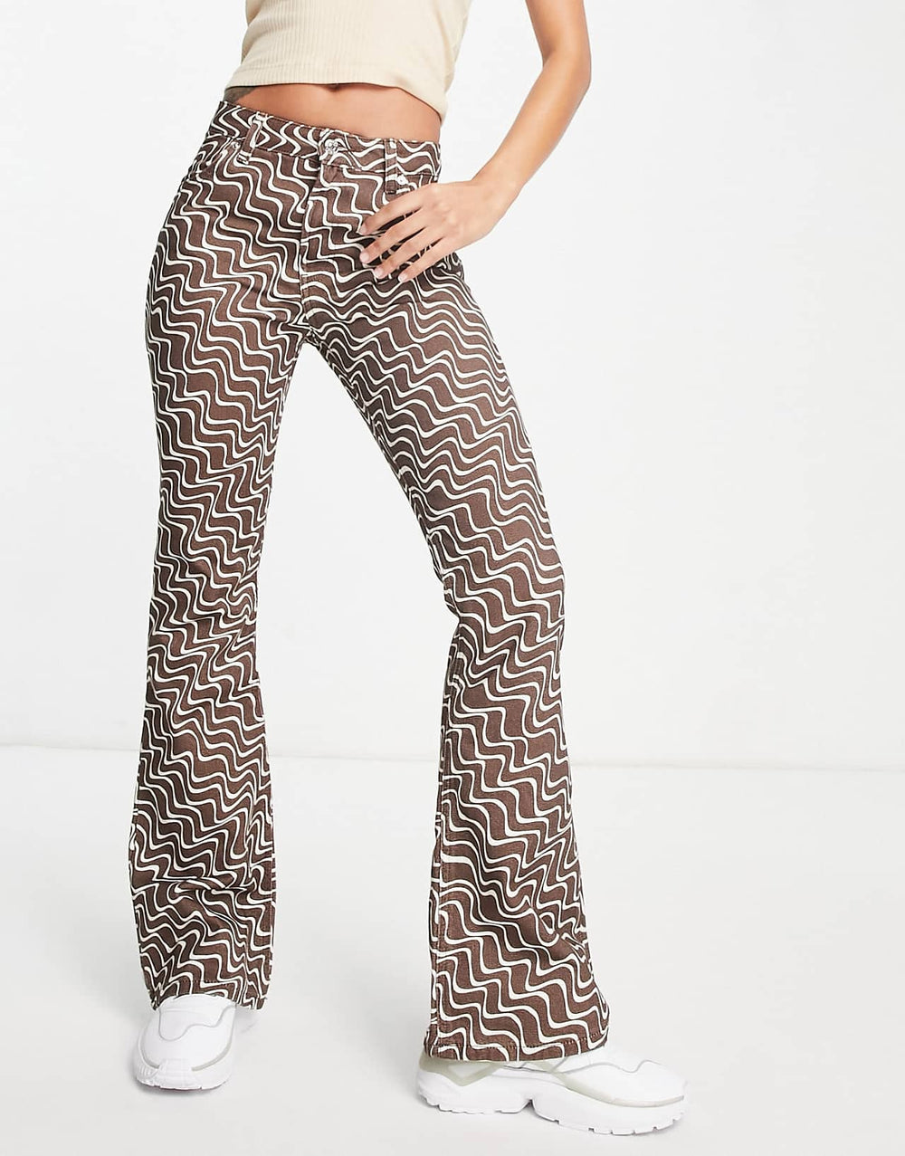 ASOS Design Puddle Flare Trouser in Chocolate Wavy Print