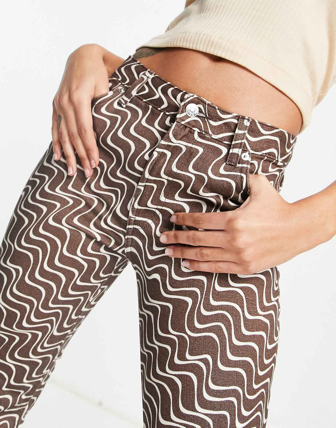 ASOS Design Puddle Flare Trouser in Chocolate Wavy Print