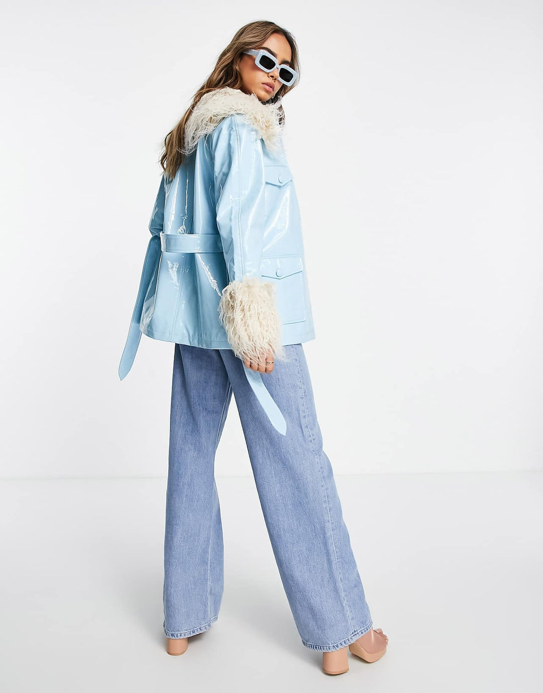 Miss Selfridge Shaggy Faux Fur Collar Patent Tie Waist Shacket in Pale Blue