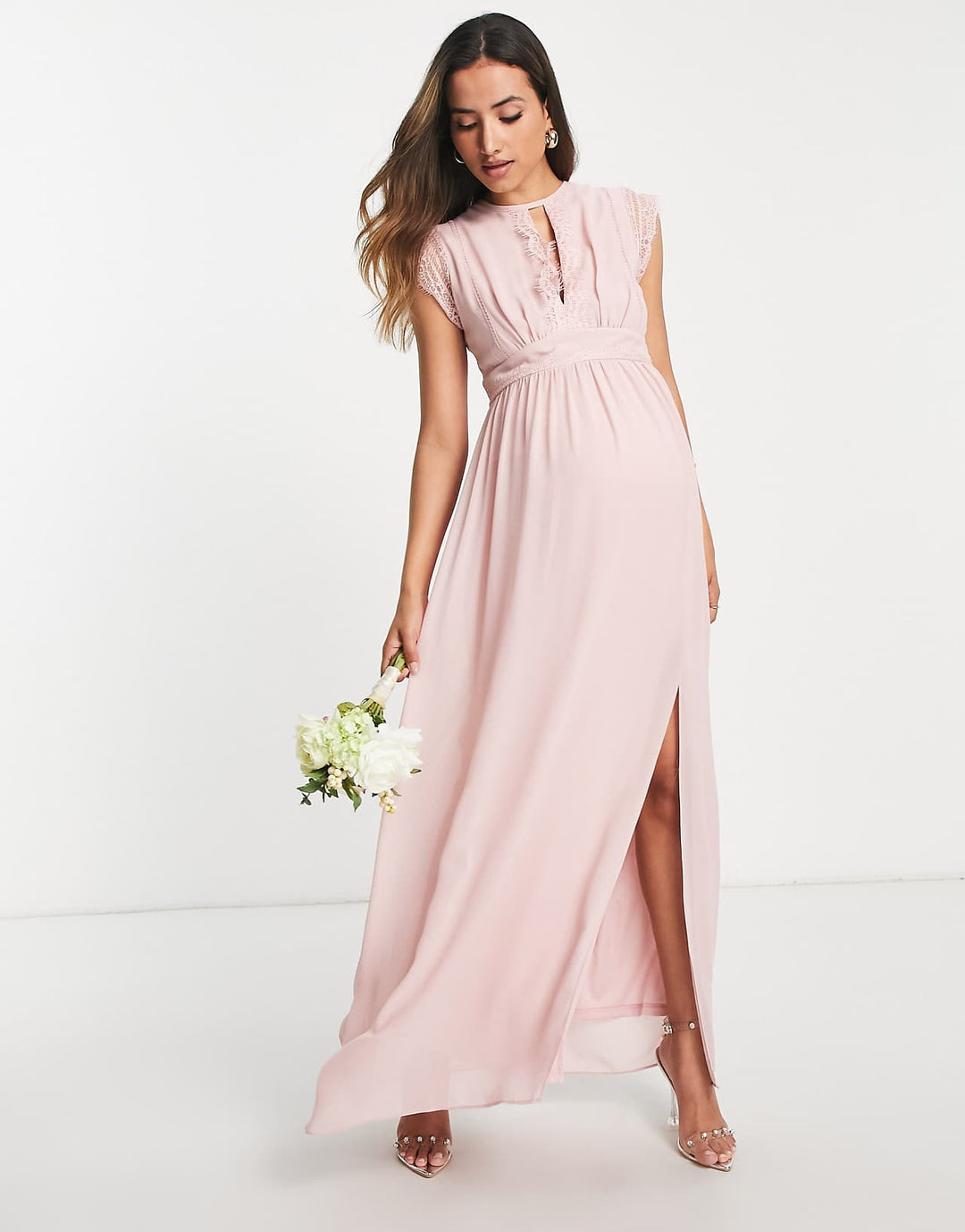 tfnc maternity bridesmaids chiffon maxi dress with lace detail in mauve
