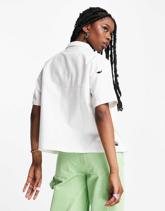 native youth oversized denim shirt with ying yang embroidery in white