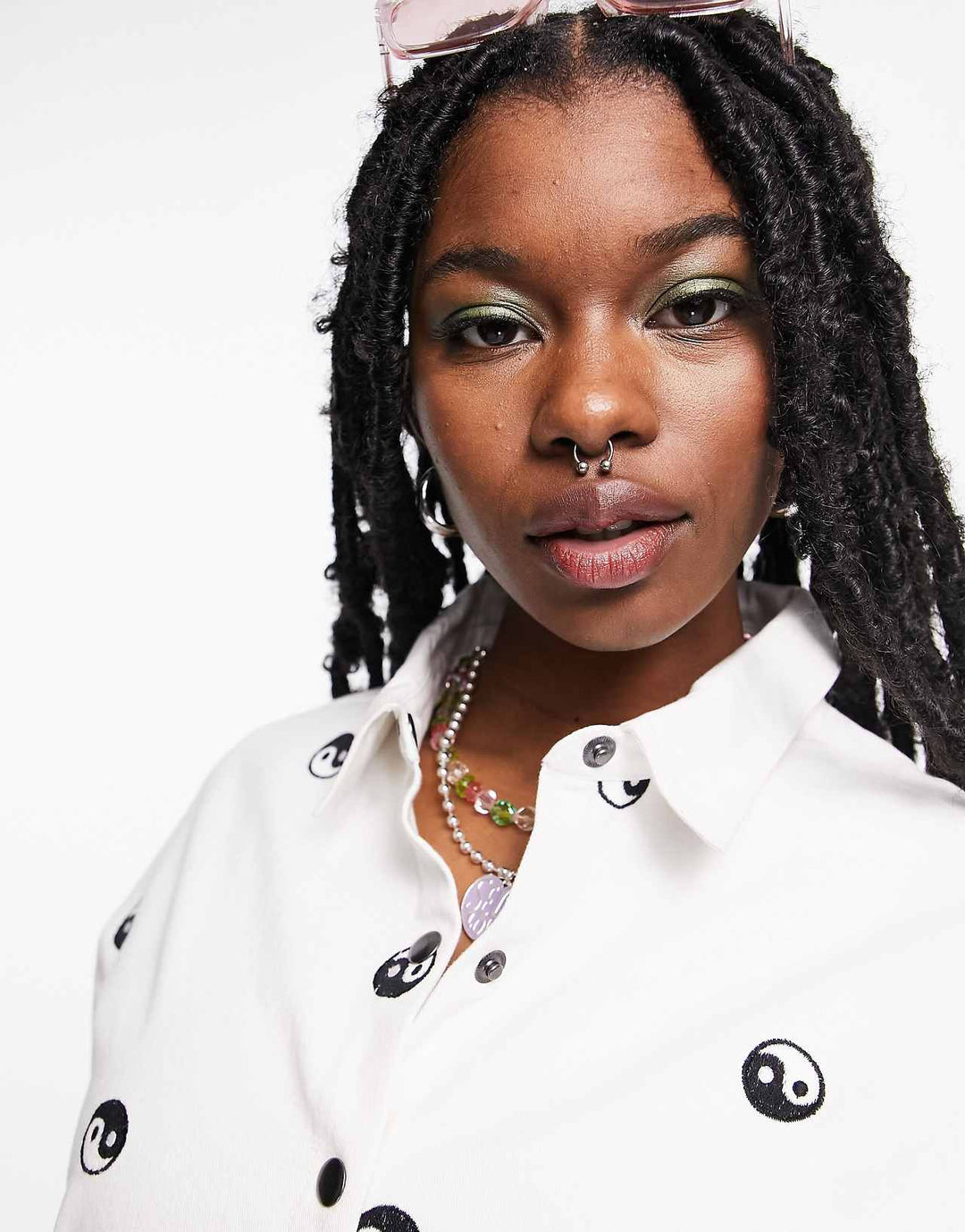 native youth oversized denim shirt with ying yang embroidery in white