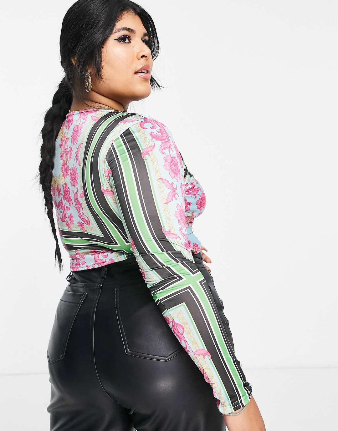 In The Style Plus x Liberty Exclusive Ruched Long Sleeve Crop Top Co-ord in Multi Floral