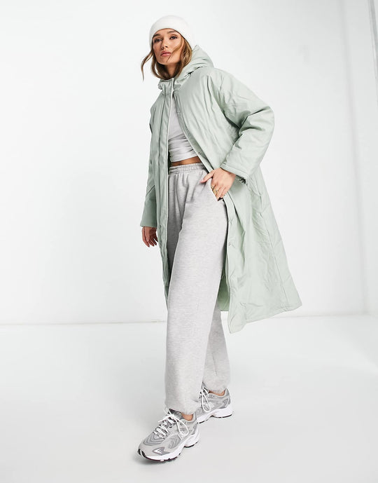 asos design heavyweight rubberised padded rain coat in sage