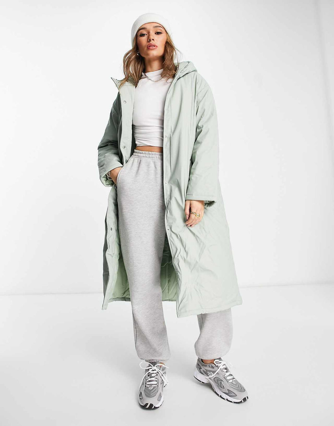 asos design heavyweight rubberised padded rain coat in sage