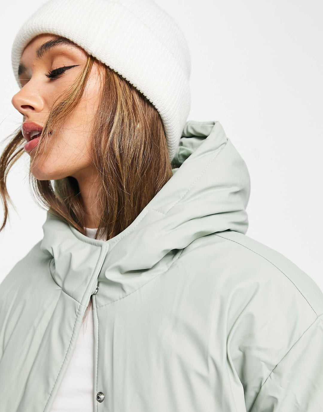 asos design heavyweight rubberised padded rain coat in sage