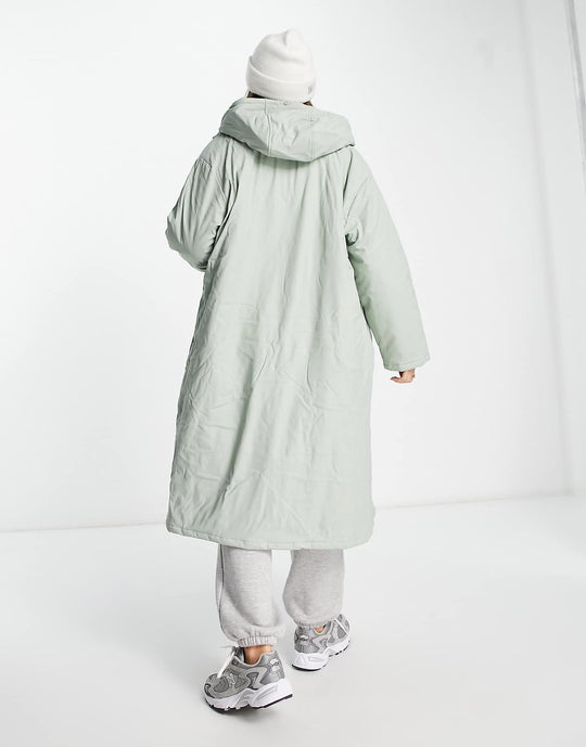 asos design heavyweight rubberised padded rain coat in sage
