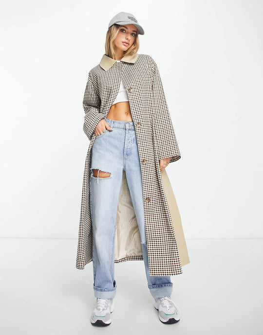 ASOS DESIGN Check Trench Coat in Stone
