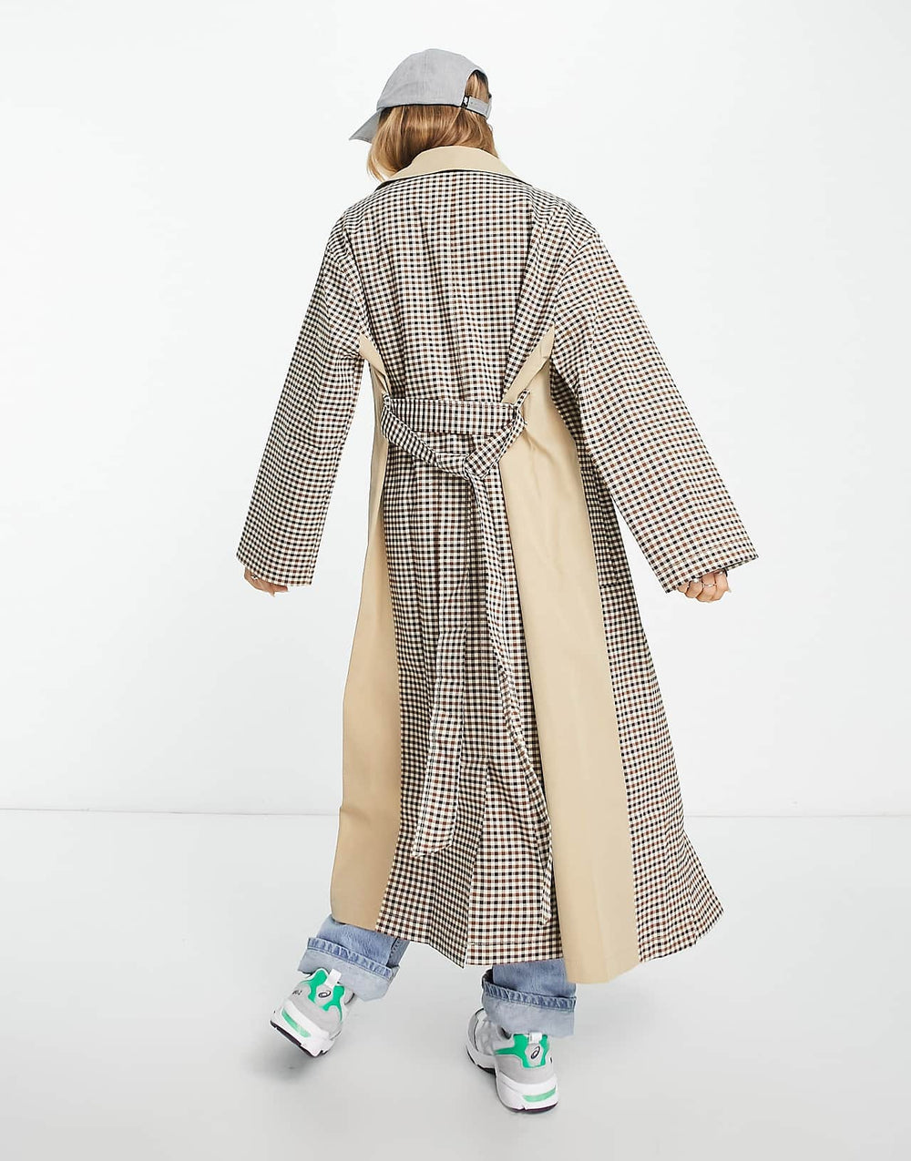 ASOS DESIGN Check Trench Coat in Stone