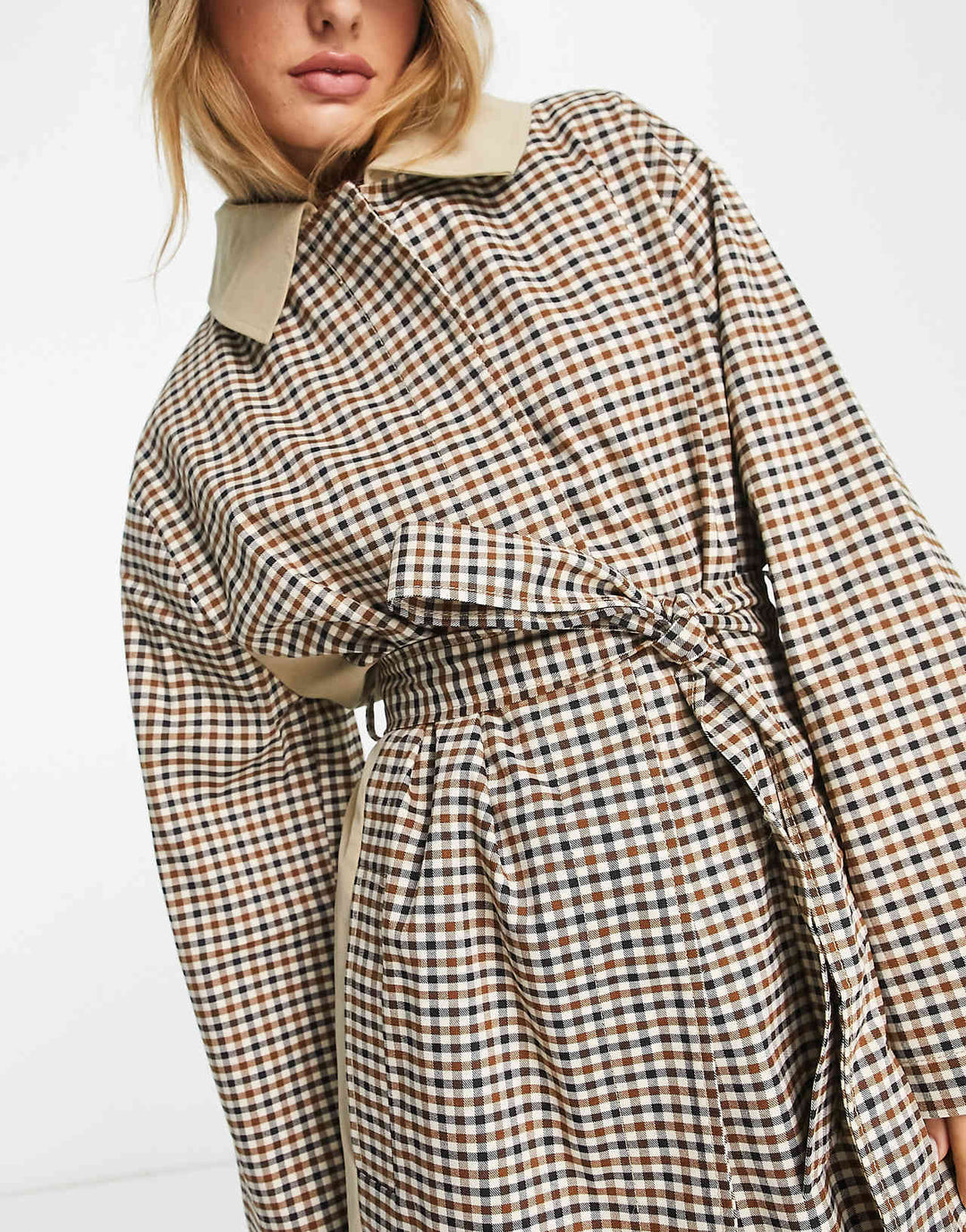 ASOS DESIGN Check Trench Coat in Stone