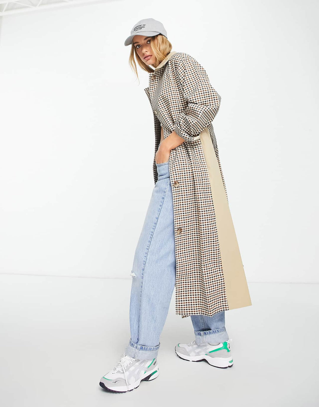 ASOS DESIGN Check Trench Coat in Stone