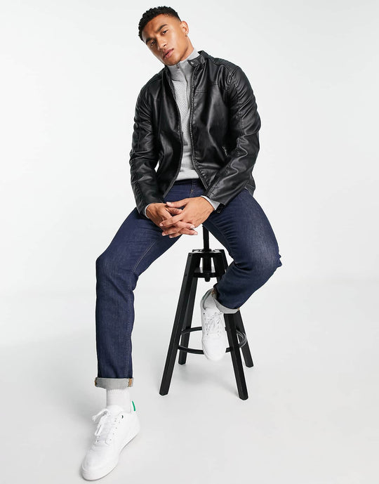 Barneys Originals Faux Leather Racer Jacket in Black