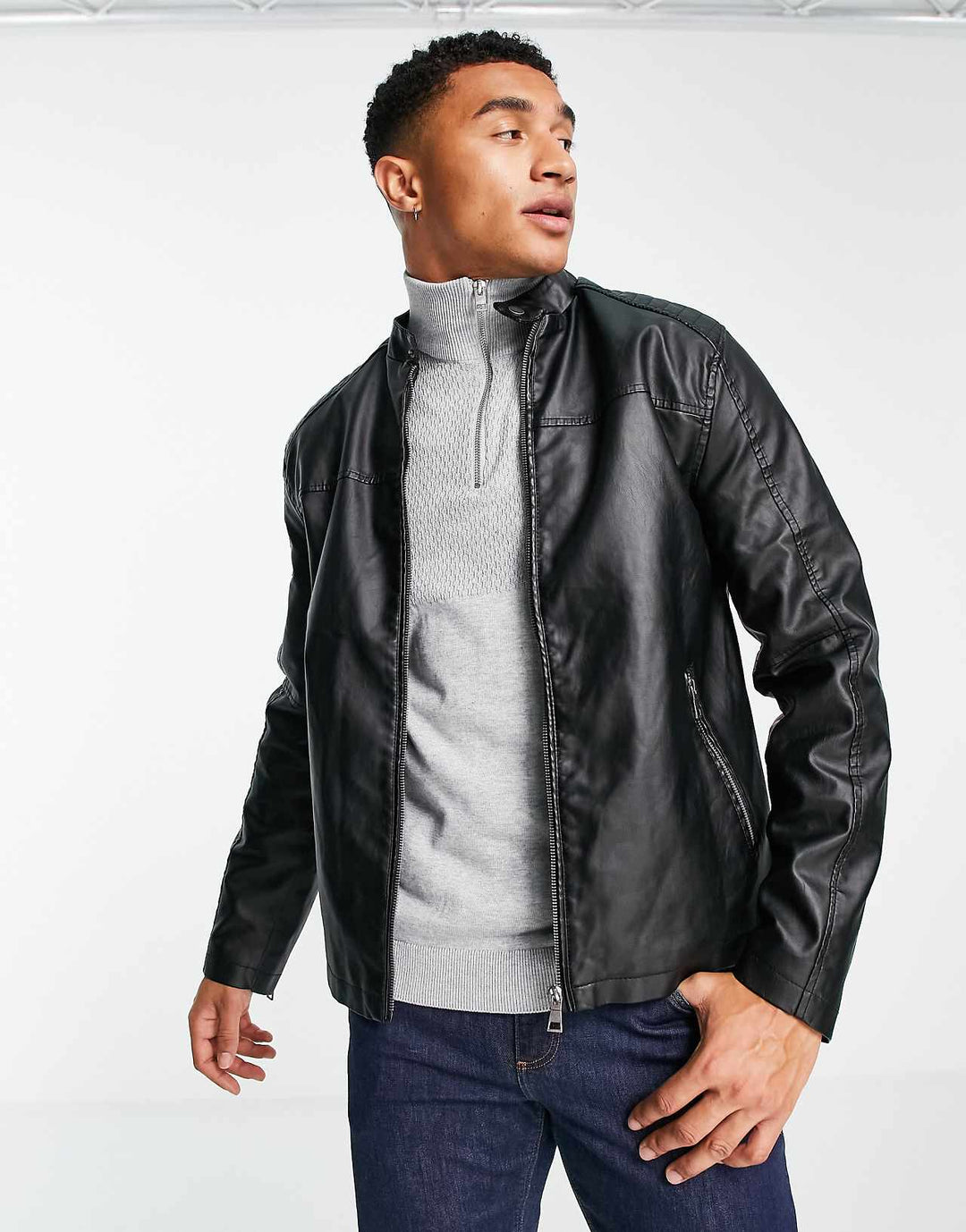 Barneys Originals Faux Leather Racer Jacket in Black