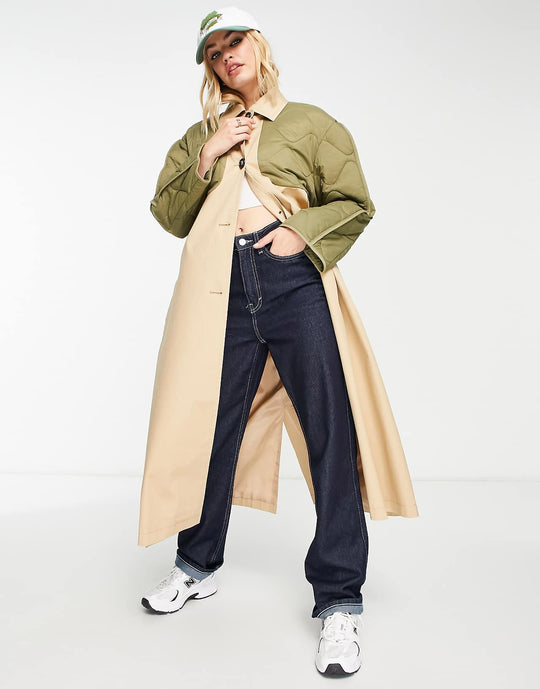asos-design-hybrid-quilted-trench-coat-in-khaki