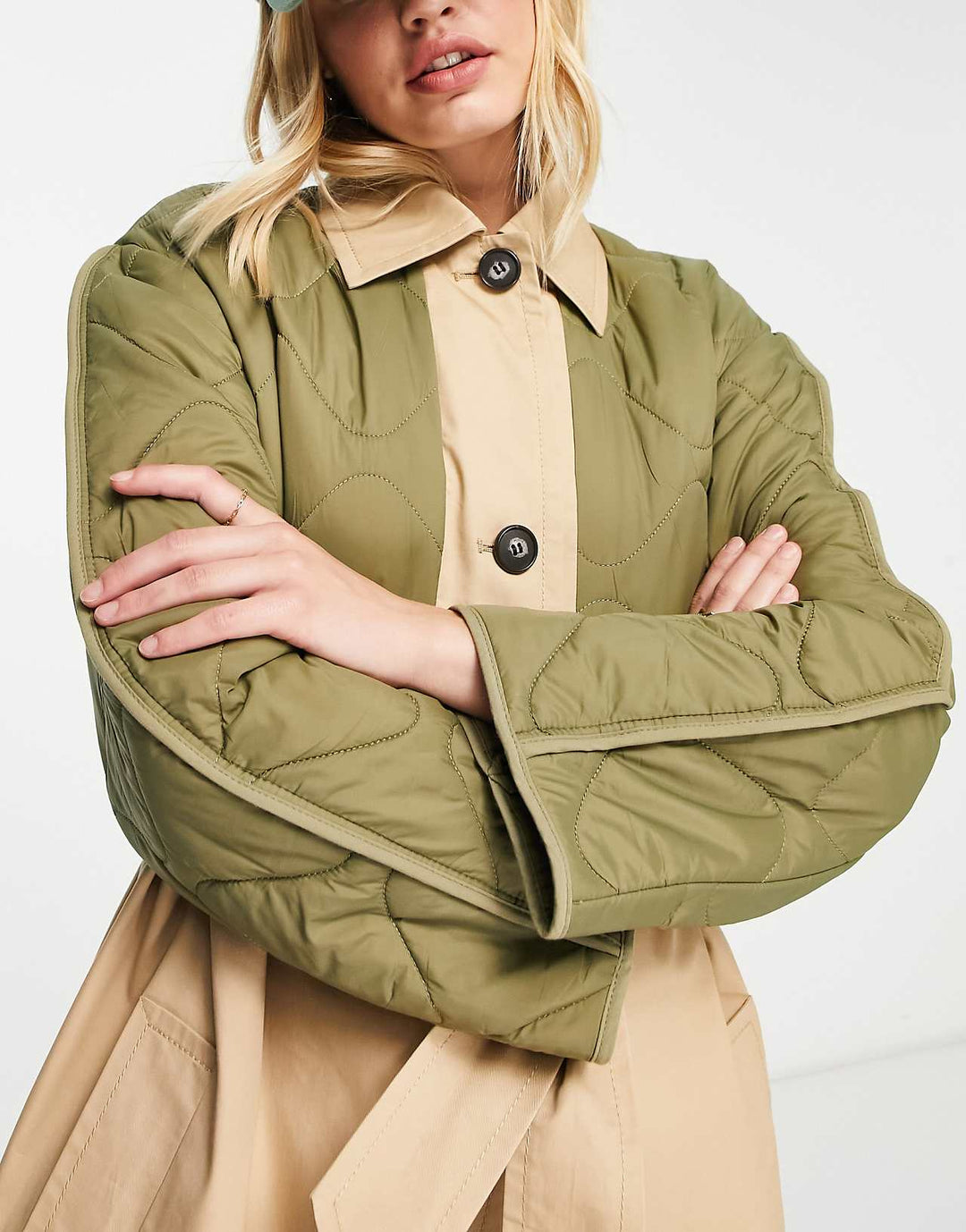 asos-design-hybrid-quilted-trench-coat-in-khaki