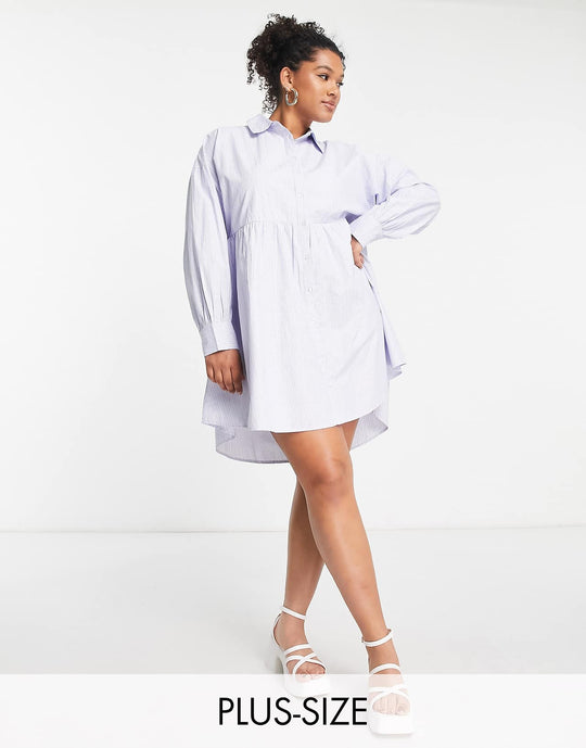 Simply Be Long Sleeve Striped Shirt Smock Dress in Blue