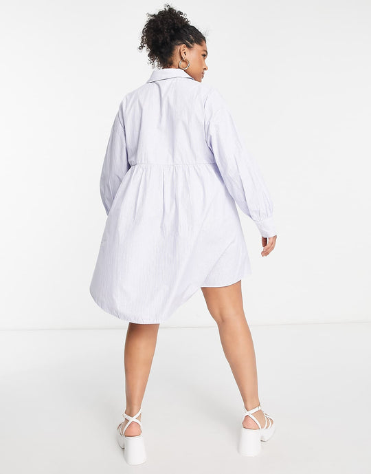 Simply Be Long Sleeve Striped Shirt Smock Dress in Blue