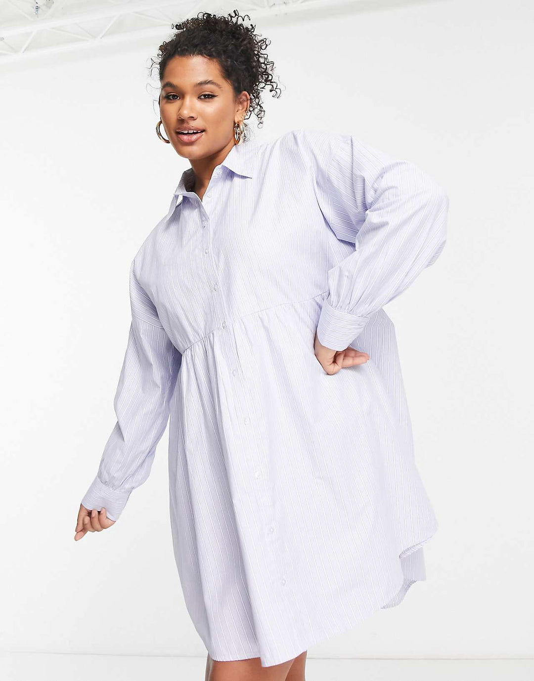 Simply Be Long Sleeve Striped Shirt Smock Dress in Blue