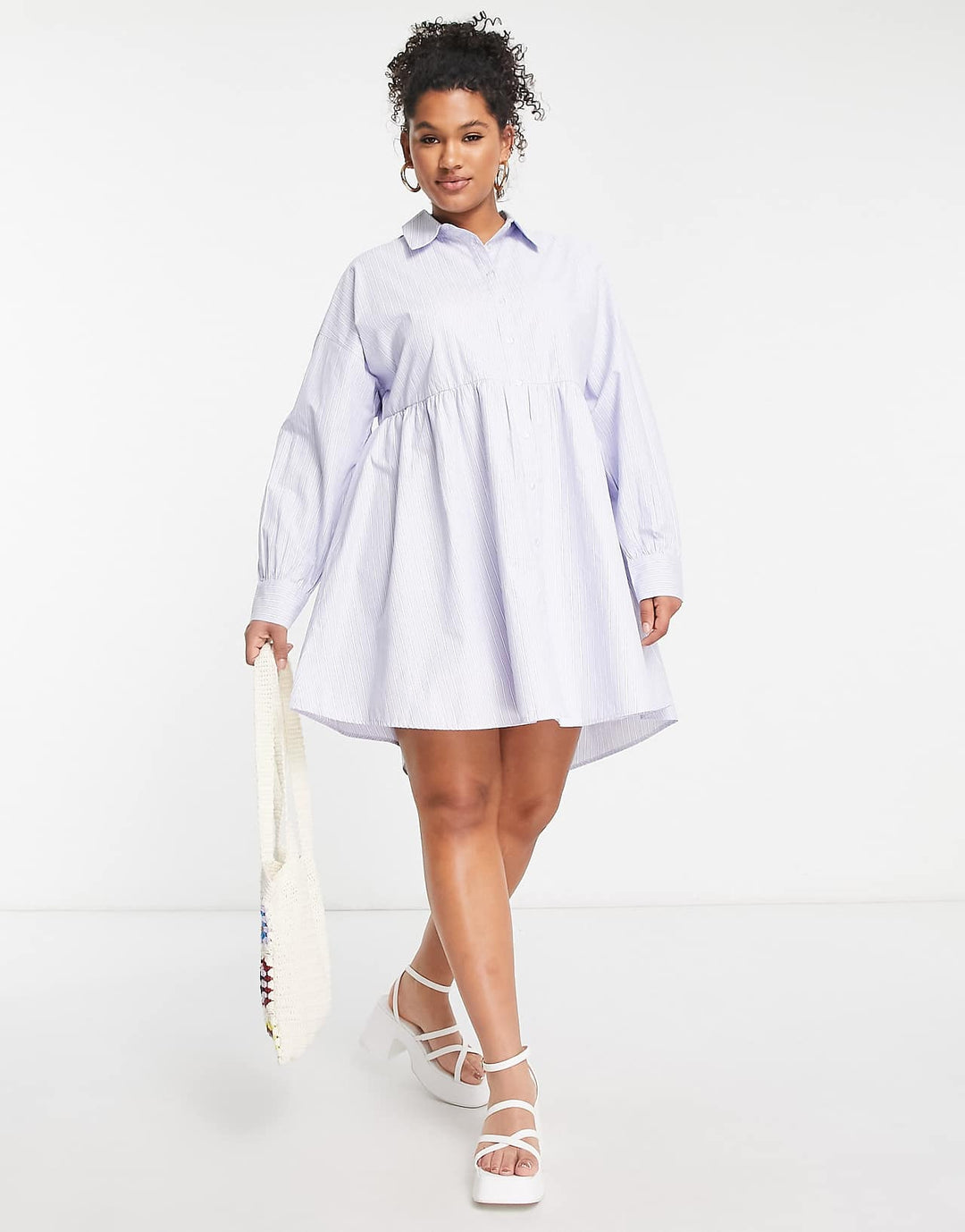 Simply Be Long Sleeve Striped Shirt Smock Dress in Blue