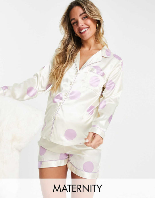 Night Maternity Satin Oversized Polka Dot Short Pyjama Set in Lilac and Cream