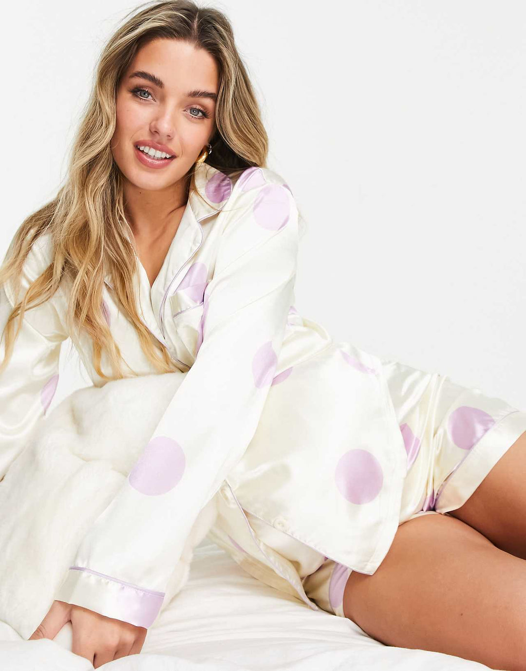 Night Maternity Satin Oversized Polka Dot Short Pyjama Set in Lilac and Cream