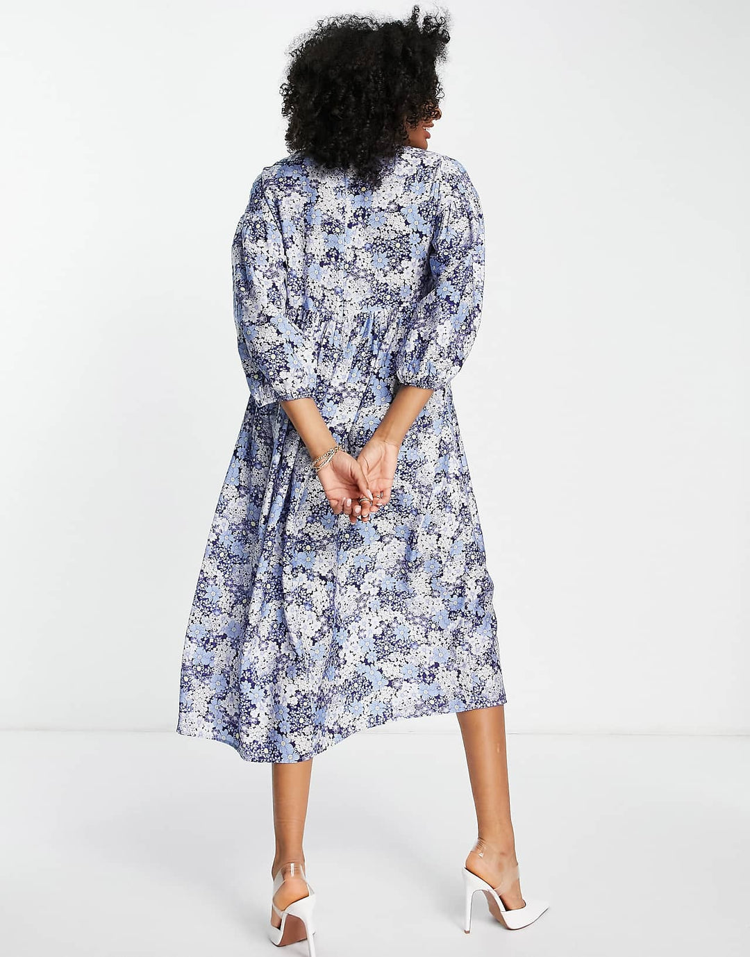 Edited Long Sleeve Midi Smock Dress in Blue Vintage Floral