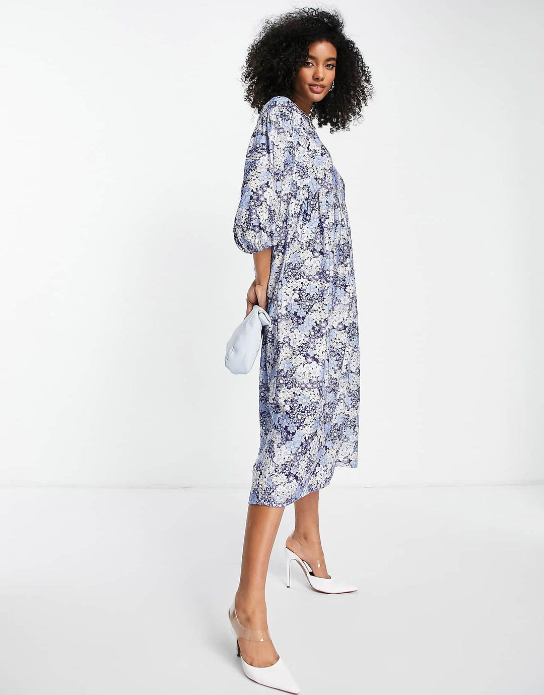 Edited Long Sleeve Midi Smock Dress in Blue Vintage Floral