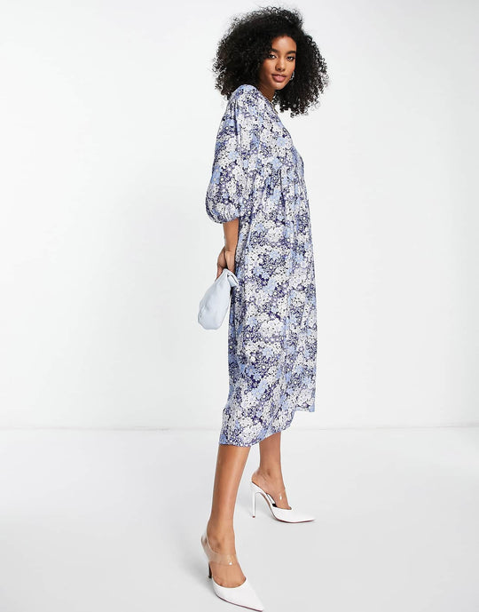 Edited Long Sleeve Midi Smock Dress in Blue Vintage Floral