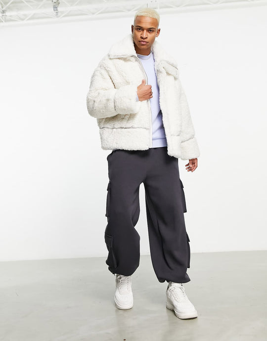 ASOS Design Oversized Shearling Jacket in Off White