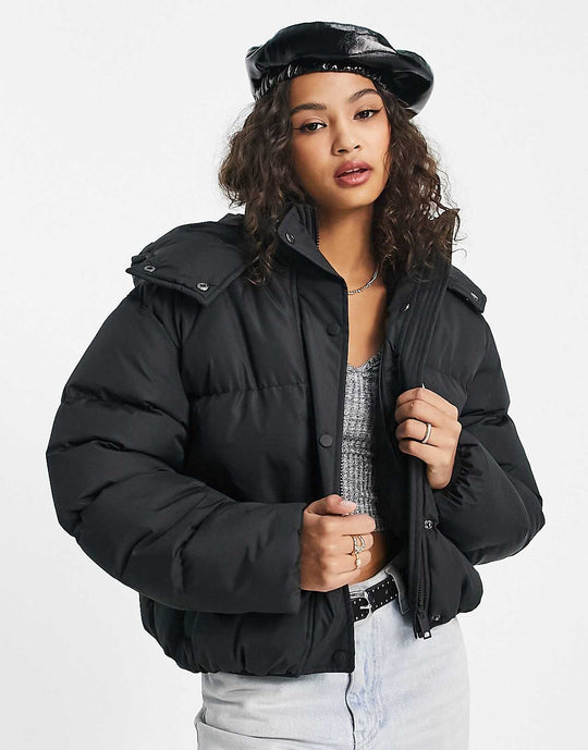 Brave Soul Bunny Hooded Puffer Jacket in Black