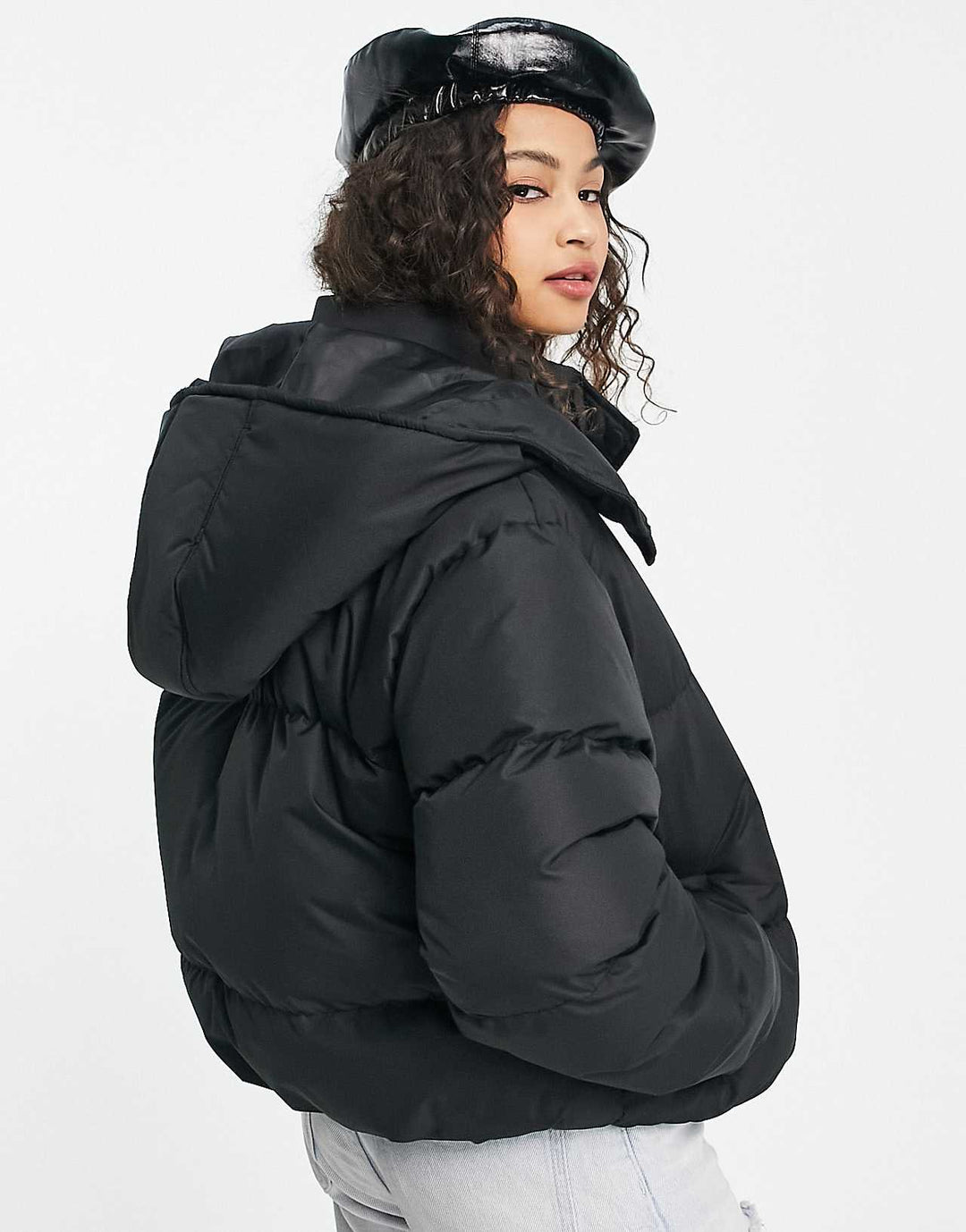 Brave Soul Bunny Hooded Puffer Jacket in Black