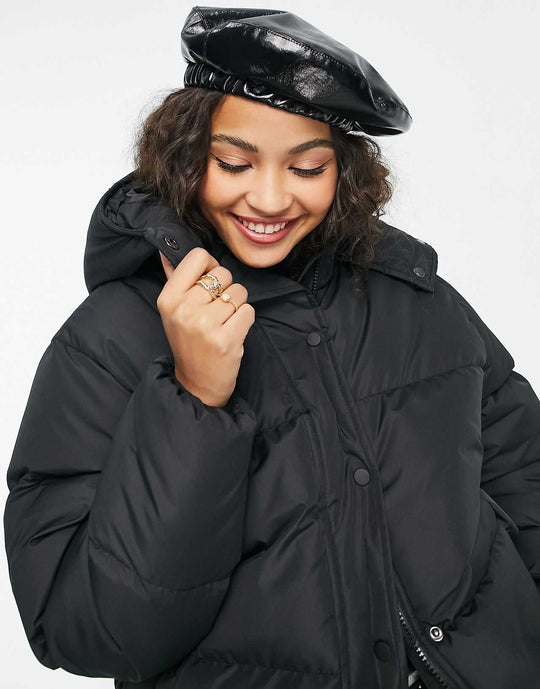 Brave Soul Bunny Hooded Puffer Jacket in Black