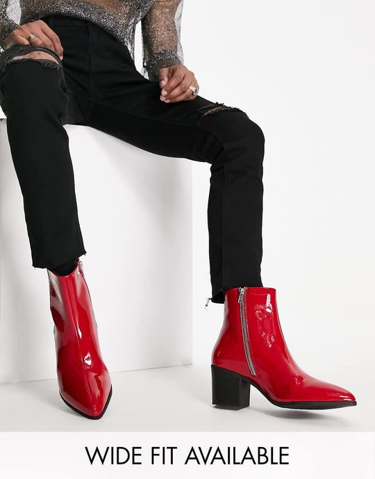 asos design heeled chelsea boot in red patent faux leather