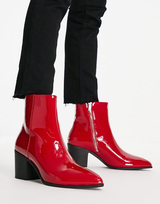 asos design heeled chelsea boot in red patent faux leather