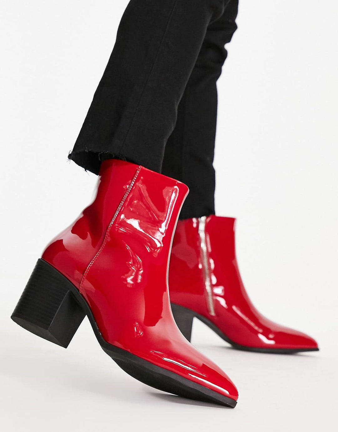 asos design heeled chelsea boot in red patent faux leather