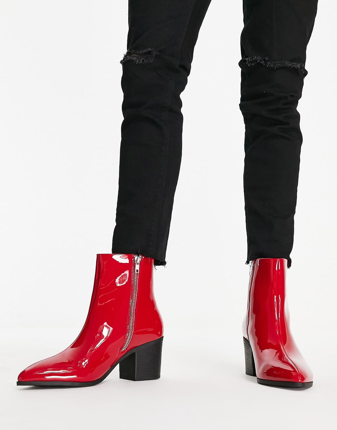 asos design heeled chelsea boot in red patent faux leather