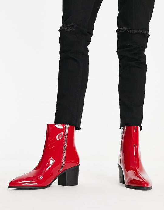 asos design heeled chelsea boot in red patent faux leather