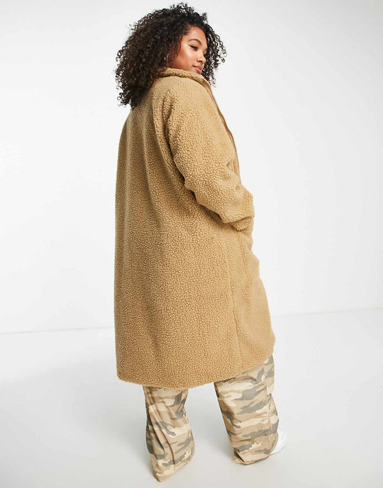 Violet Romance Plus Longline Borg Coat in Sand