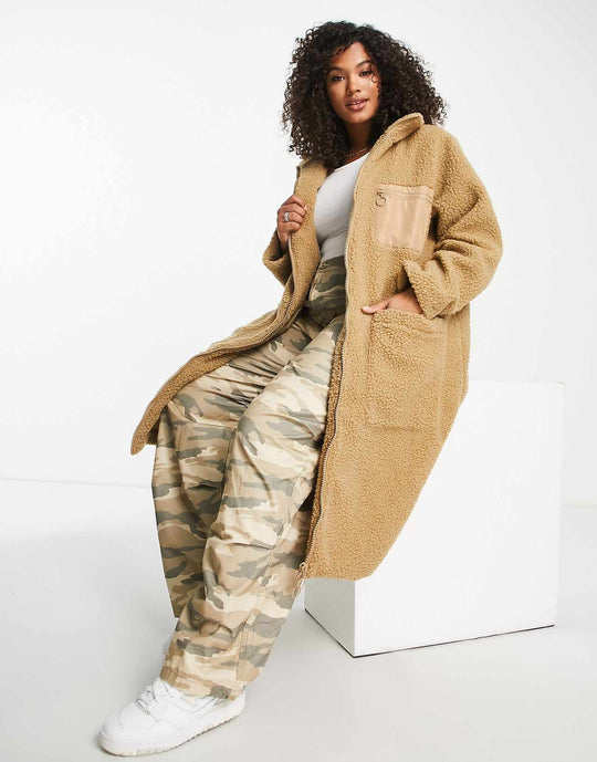 Violet Romance Plus Longline Borg Coat in Sand