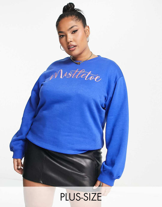 Threadbare Plus Christmas Embroidered Sweater in Blue