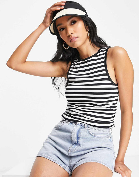 Asos Design Ruched Side Tank In Mono Stripe