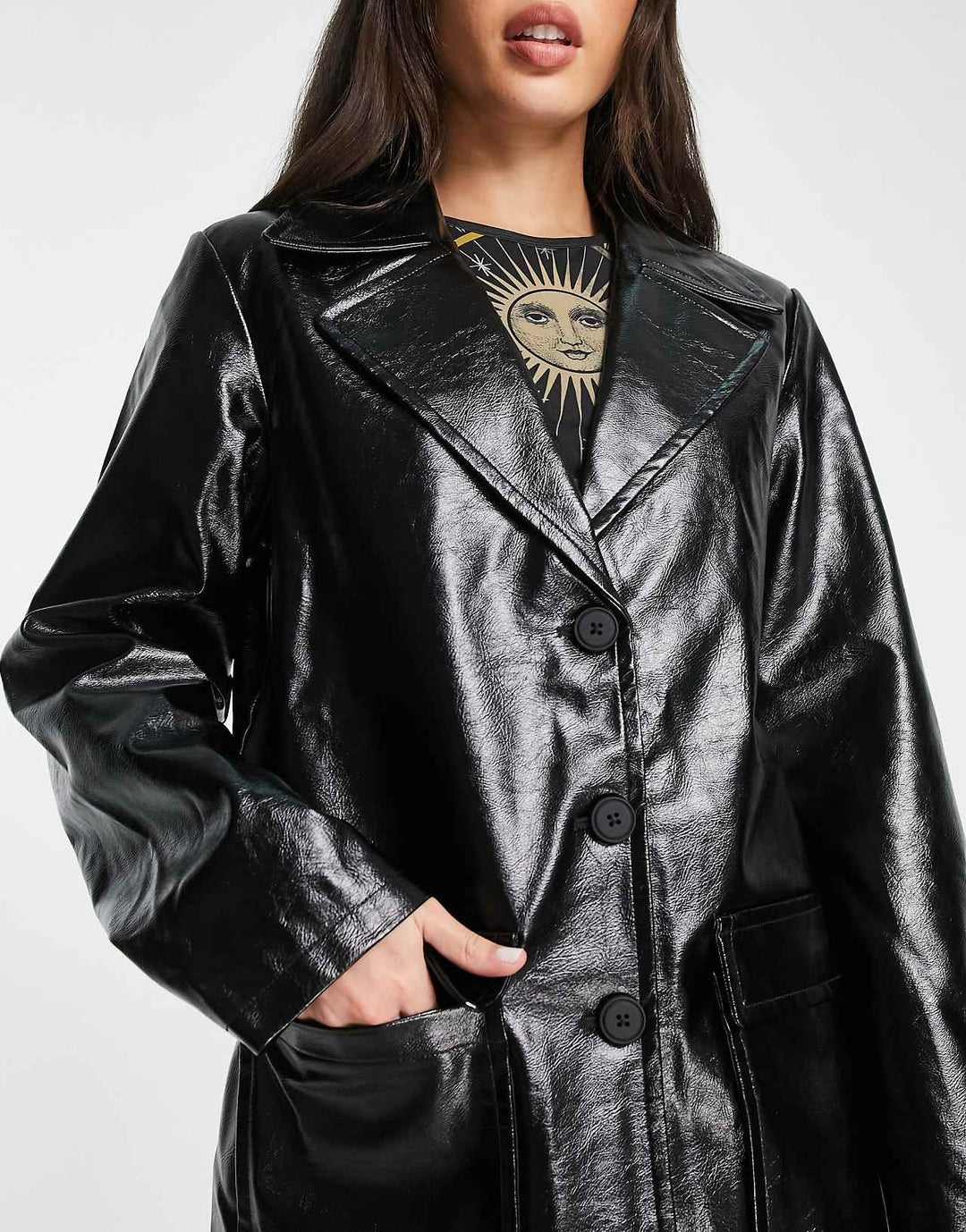 asos design tall vinyl faux leather chuck on jacket in black