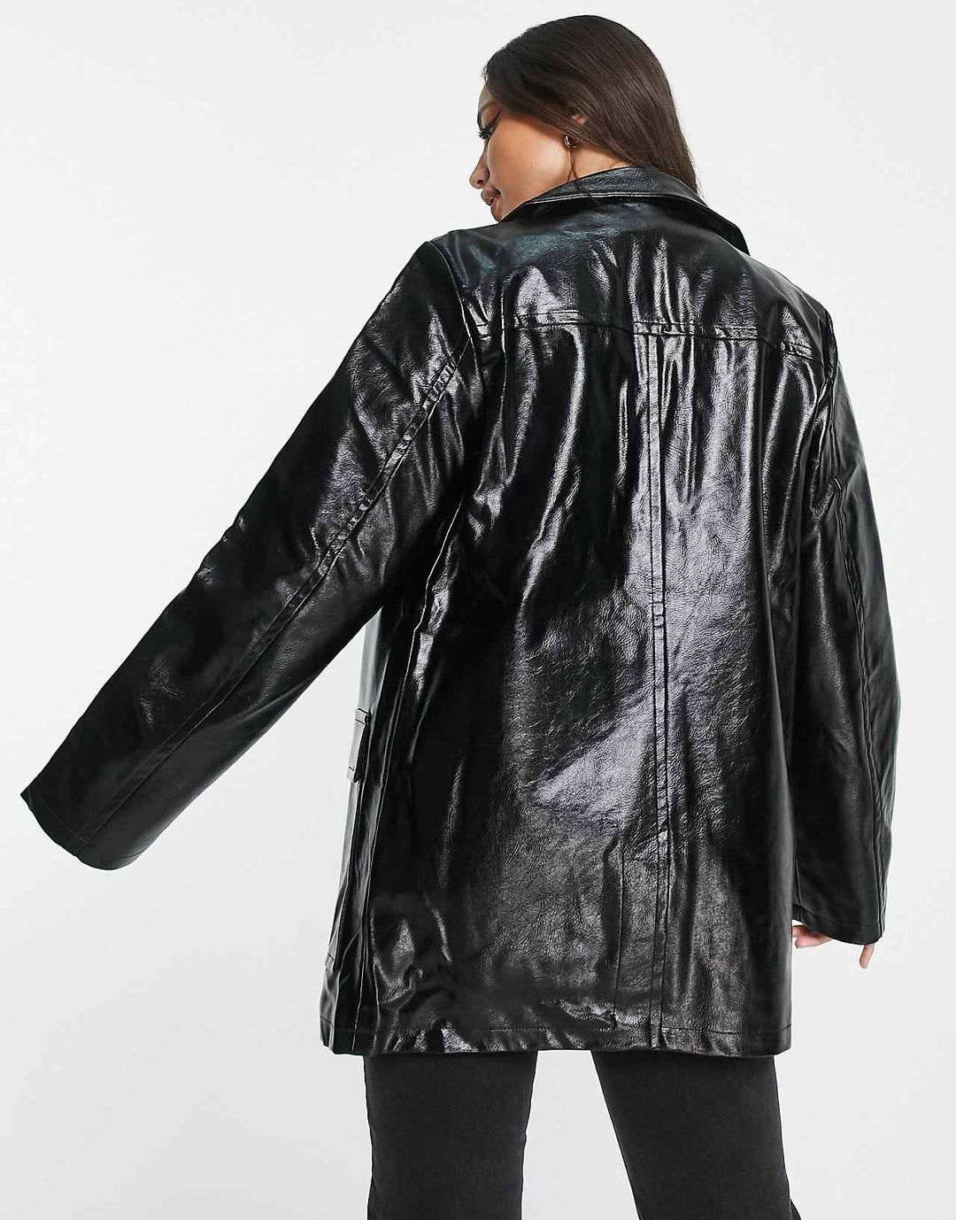 asos design tall vinyl faux leather chuck on jacket in black