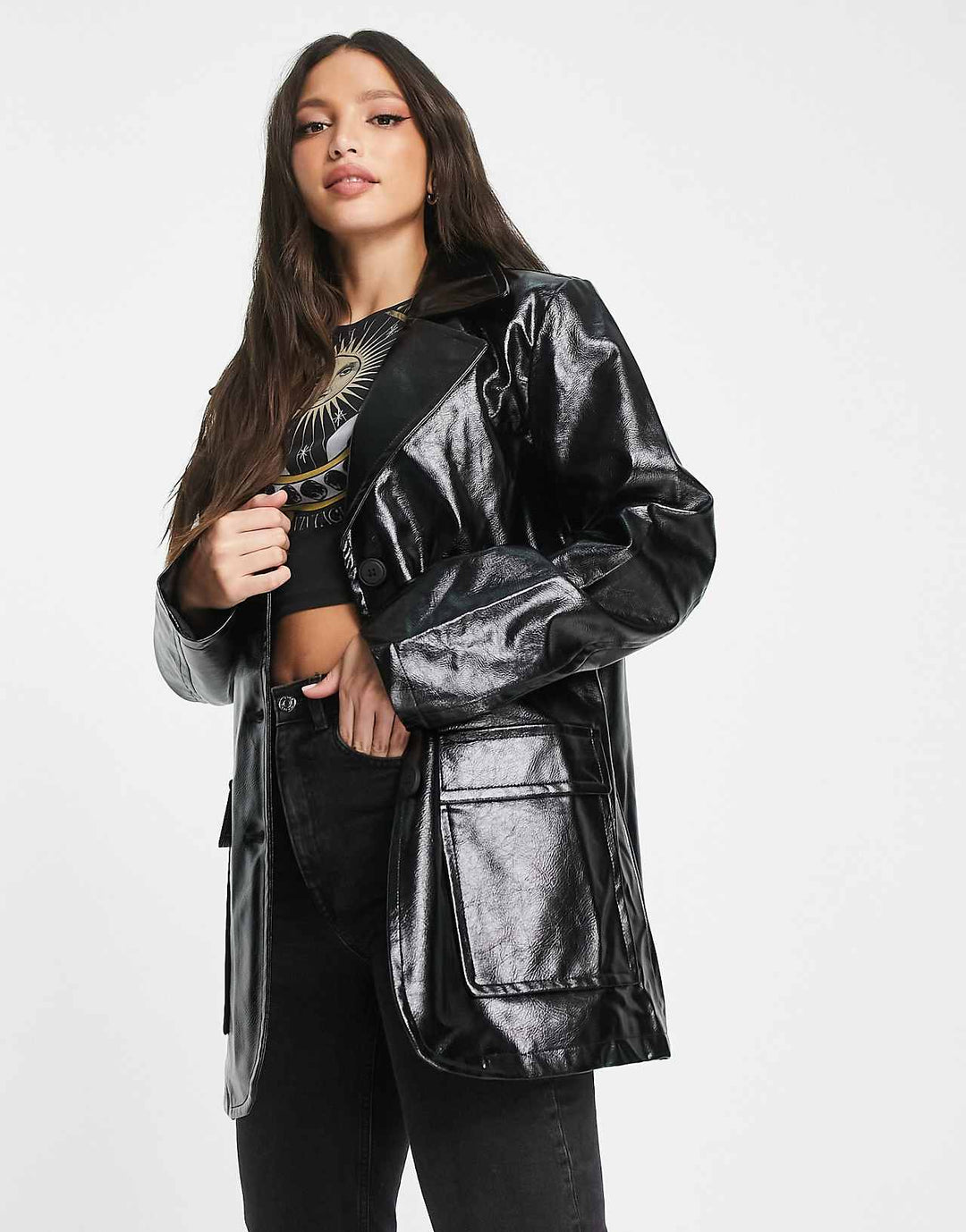 asos design tall vinyl faux leather chuck on jacket in black